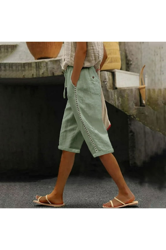 Womens Drawstring High Waist Half Shorts Summer Elastic Stretchy Breathable Cotton Linen Pants With Pocket
