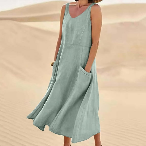 Babysbule Womens Summer Dresses, Women's Summer Fashion Casual Solid Color Sleeveless Cotton Linen Long Dress