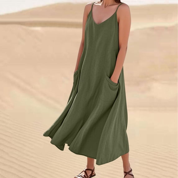 Babysbule Womens Summer Dresses, Women's Summer Fashion Casual Solid Color Sleeveless Cotton Linen Long Dress