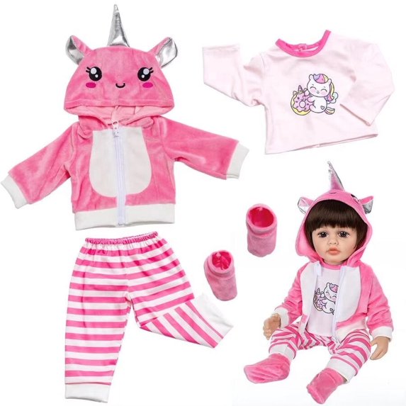AmaMary 22-23 inch Pink Unicorn 4-Piece Cotton Doll Clothes Set with Socks, Pants, Jacket & Top, Magical Pretend Play, Birthday, Christmas, Dress-Up Party for Kids