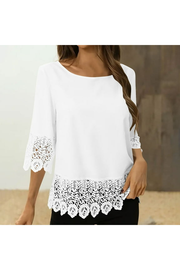 3/4 Length Sleeve Womens Tops Crewneck Lace Stitching Tunic Casual Dressy Blouses Spring Trendy Clothes