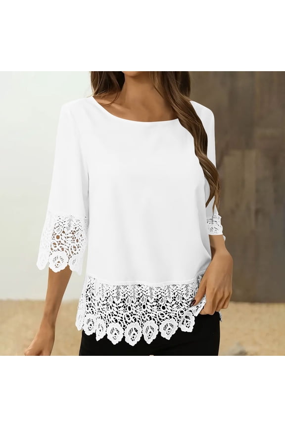 3/4 Length Sleeve Womens Tops Crewneck Lace Stitching Tunic Casual Dressy Blouses Spring Trendy Clothes