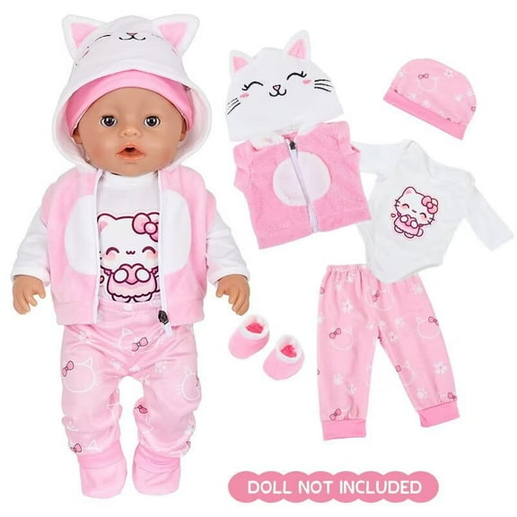 Babysbule 5 pcs 18 inch Doll Outfit, Pink Kitty Cozy Cotton Plush Fall Winter Clothes for Girls – Jacket, Pants, Long Sleeve, Hat, Socks – Holiday Gift