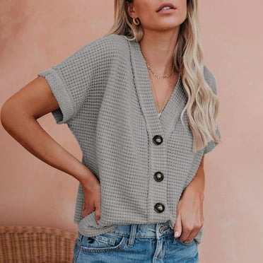 Babysbule Blouses for Women Summer Tops Knit Button Solid Shirts Casual V Neck Short Sleeve Ladies Blouses