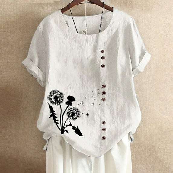Babysbule Blouses for Women Women's Summer Casual Round Neck Short Sleeve Floral Printed Loose Shirt Tops