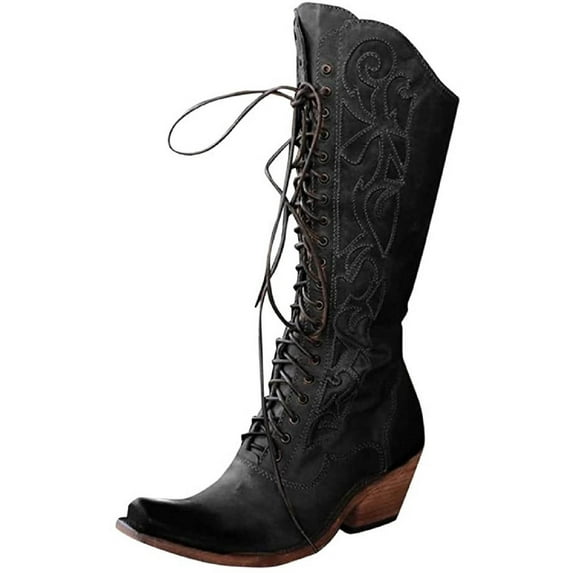 Babysbule Boots for Women Large Size Thick Heel Solid Color Stitched Square Toe Front Lace-up High Boots