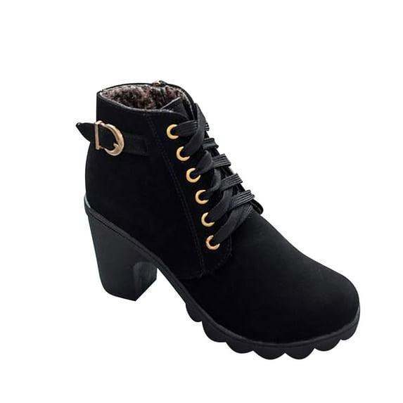 Babysbule Boots for Women Metal Solid Color Round Toe Thick Side Zipper Winter Women's Leather Boots