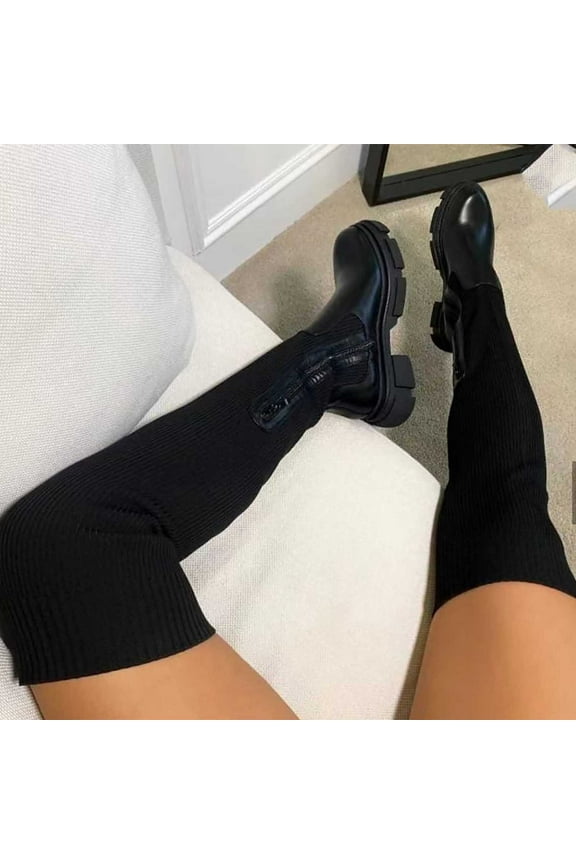 Boots for Women Winter Fashion Large Size Women Long Tube Low Heeled Shoes Knitting Over The Knee