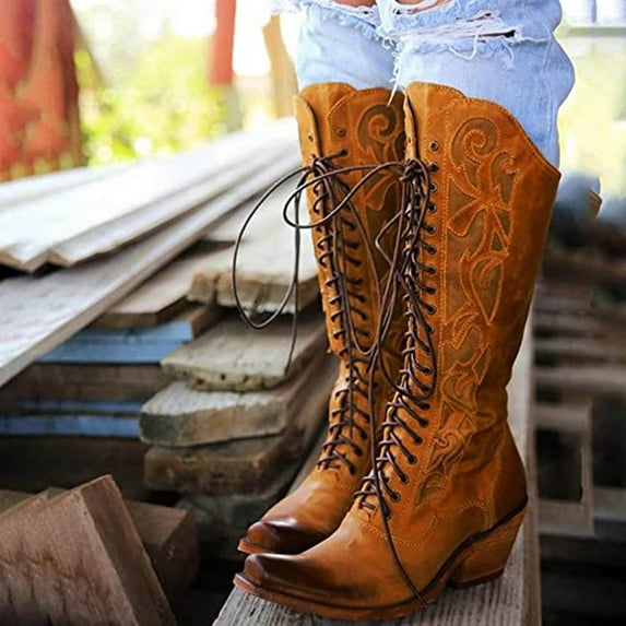 Babysbule Boots for Women Winter Large Size Thick Heel Solid Color Stitched Square Toe Front Lace-up High