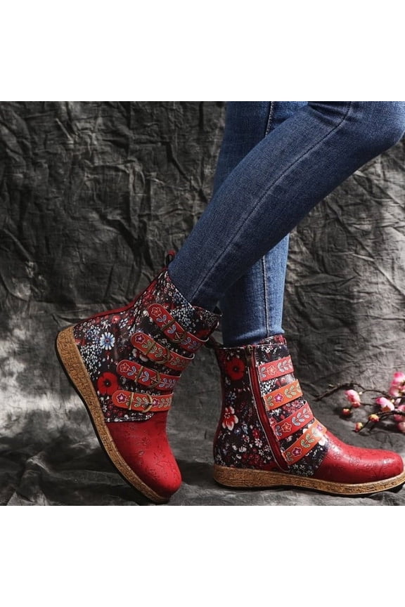 Boots for Women Winter Vintage Red Large Printed European And American Style Leather