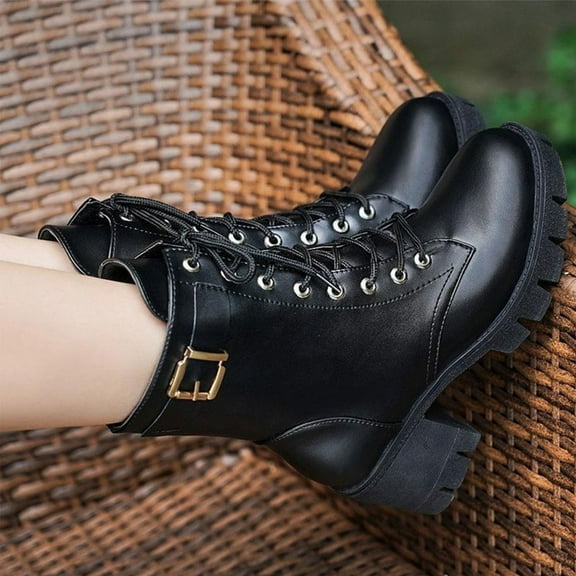 Babysbule Boots for Women Winter Women Mid Heel Casual Female Fashion Heel Belt Buckle Lace-up Shoes
