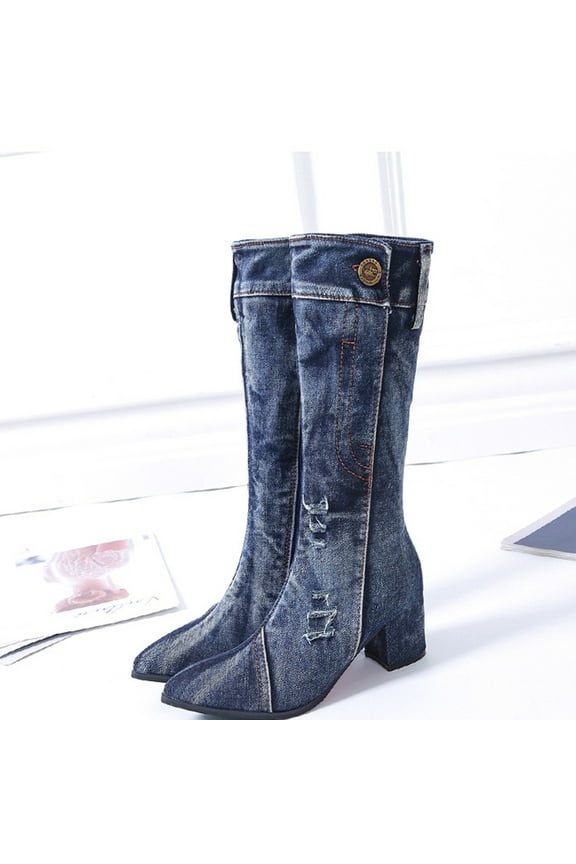 Boots for Women Winter Women Shoes Fashion Buttons Pointed Tip Mid-heeled Thick Heel High