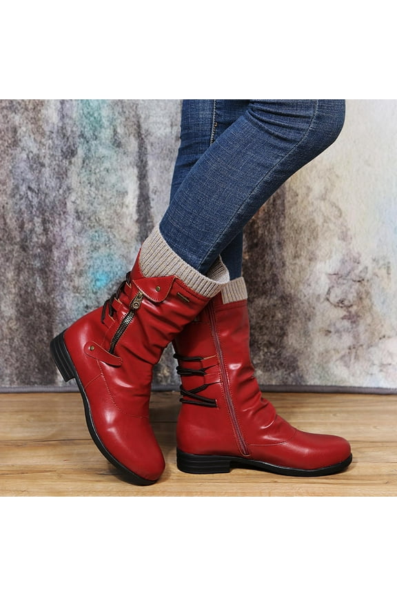 Boots for Women Winter Women Vintage Winter Zipper Mid-Calf Lace Up Slip On Retro Ladies Shoes