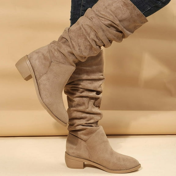 Babysbule Boots for Women Winter Women's Fall Winter Flock Solid Color Long Boots Middle Heels Boots Pointed-Toe Knee High Boot