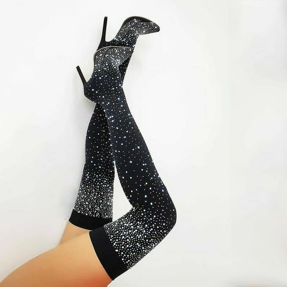 Babysbule Boots for Women Winter Women's Nightclub Rhinestone Stretch High Heel Over The Knee Stage Net Stockings