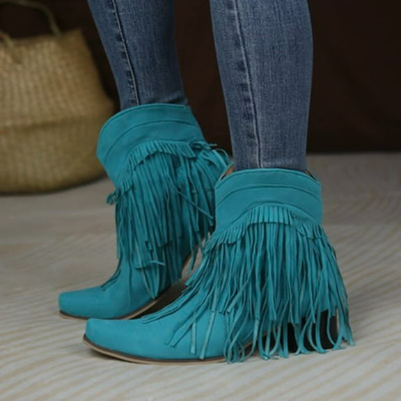 Babysbule Boots for Women Winter Women's Vintage Tassels Up Short Boots Midheel Boots Shoes Cowboy Boots Modern Western Cowboy Distressed Boot