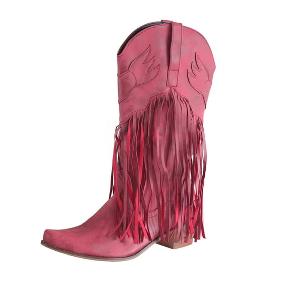 Babysbule Boots for Women Women's Leather Square Toe Tassel Low-heeled Shoes Western Ankle Cowboy Boots