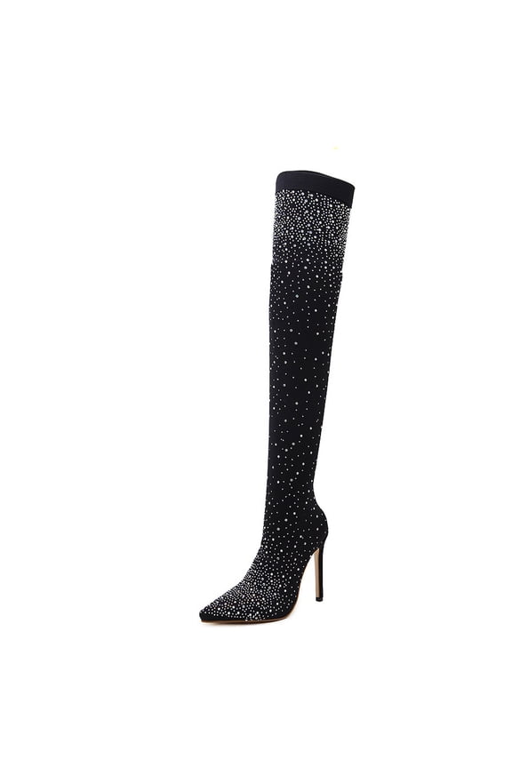 Boots for Women Women's Nightclub Rhinestone Stretch High Heel Over The Knee Stage Net Stockings Boots