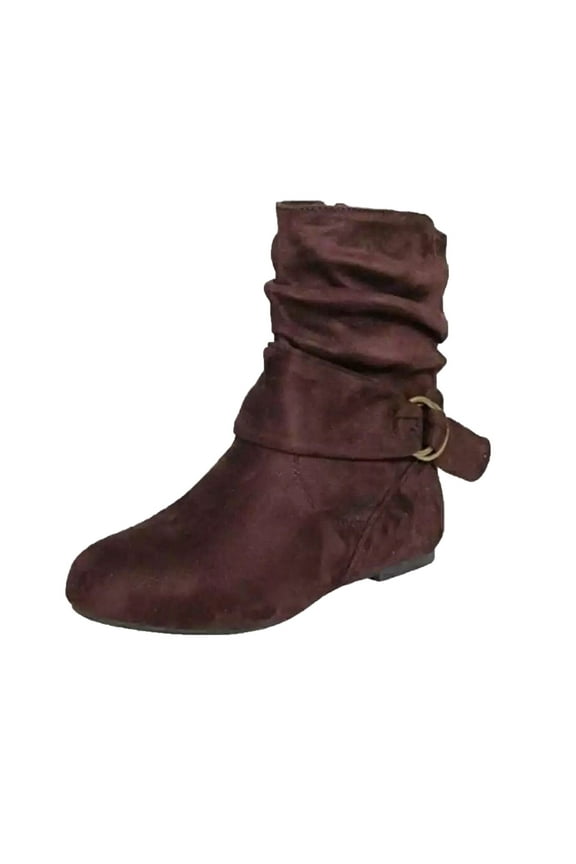 Boots for Women Women's Winter Flat Leather Belt Buckle Suede Zipper Round Toe Ankle Boots