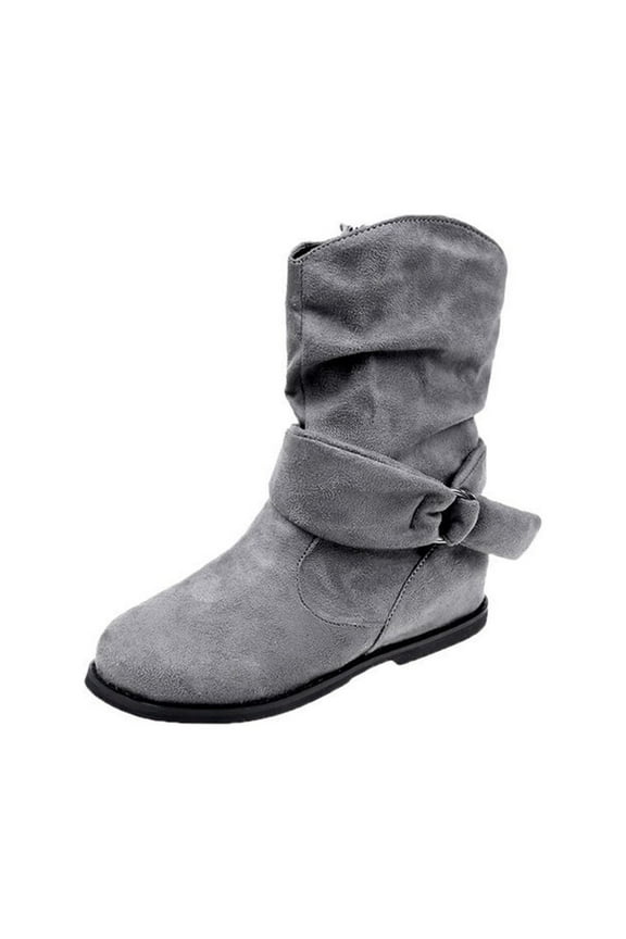 Boots for Women Women's Winter Flat Leather Belt Buckle Suede Zipper Round Toe Ankle Boots
