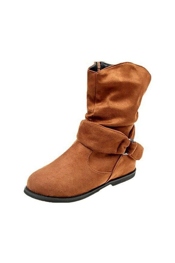 Boots for Women Women's Winter Flat Leather Belt Buckle Suede Zipper Round Toe Ankle Boots