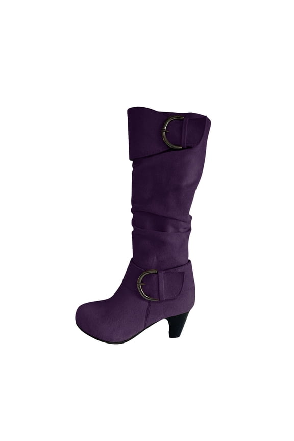 Boots for Women Women's Winter Warm High Heel Straight Leather Belt Buckle Suede Thick Heel Knight Boots