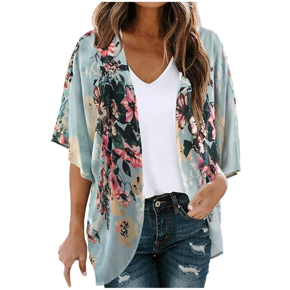 Babysbule Cardigans for Women Women's Floral Print Puff Sleeve Kimono Cardigan Loose Chiffon Cover Up Casual Blouse Tops