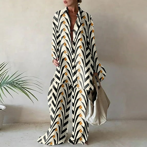 Babysbule Casual 2 Piece Outfits for Women Ladies Fashion Casual Trend Print Loose Long Sleeve Shirt Straight Leg Pants Suit Women Yoga Workout