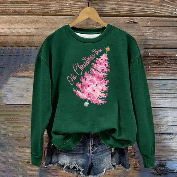 Babysbule Christmas Shirts for Women Printed Round Neck Long Sleeved Loose Fitting Sweater Clearance Tops Fashion