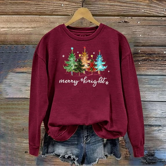 Babysbule Christmas Shirts for Women Printed Round Neck Long Sleeved Loose Fitting Sweater Clearance Tops Fashion