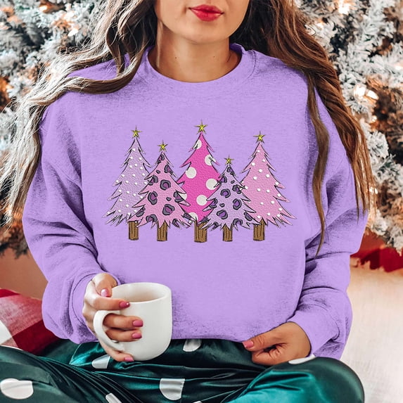 Babysbule Christmas Shirts for Women Printed Round Neck Long Sleeved Loose Fitting Sweater Clearance Tops Fashion