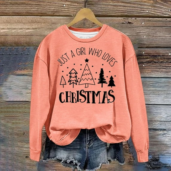 Babysbule Christmas Shirts for Women Printed Round Neck Long Sleeved Loose Fitting Sweater Clearance Tops Fashion