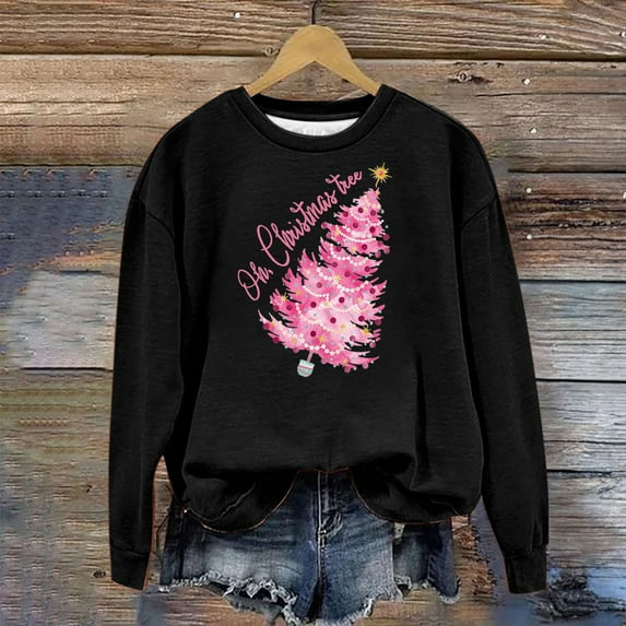 Babysbule Christmas Shirts for Women Printed Round Neck Long Sleeved Loose Fitting Sweater Clearance Tops Fashion