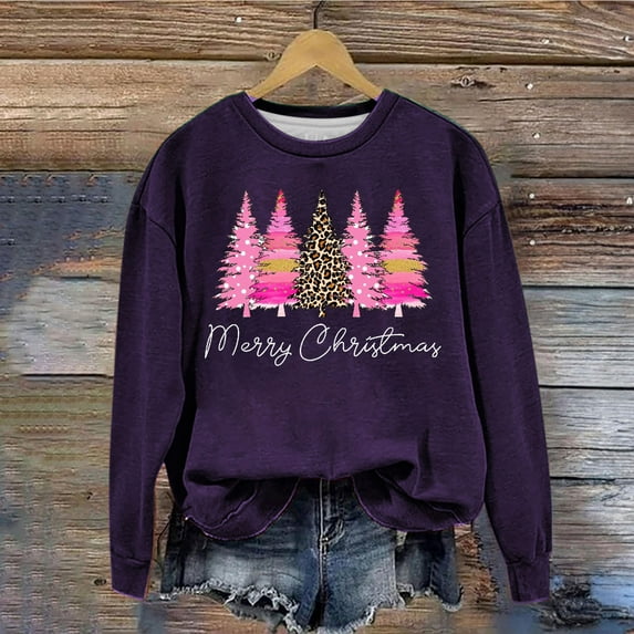 Babysbule Christmas Shirts for Women Printed Round Neck Long Sleeved Loose Fitting Sweater Clearance Tops Fashion