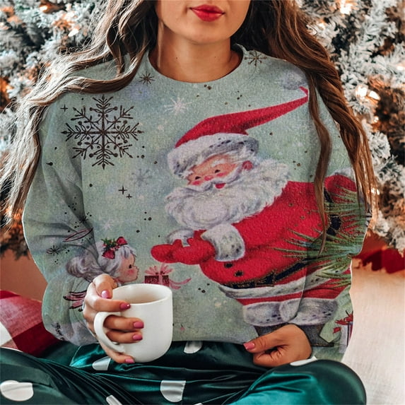 Babysbule Christmas Shirts for Women Printed Round Neck Long Sleeved Loose Fitting Sweater Clearance Tops Fashion