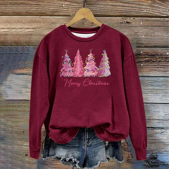 Babysbule Christmas Shirts for Women Printed Round Neck Long Sleeved Loose Fitting Sweater Clearance Tops Fashion