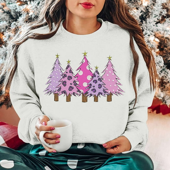 Babysbule Christmas Shirts for Women Printed Round Neck Long Sleeved Loose Fitting Sweater Clearance Tops Fashion
