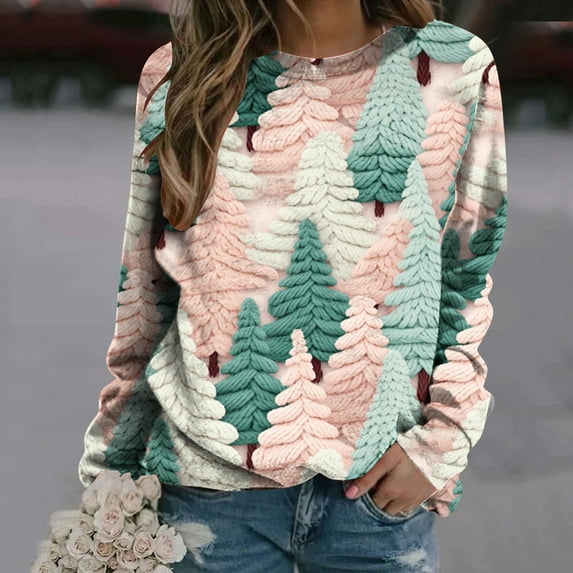 Babysbule Christmas Shirts for Women Printed Round Neck Long Sleeved Loose Fitting Sweater Clearance Tops Fashion