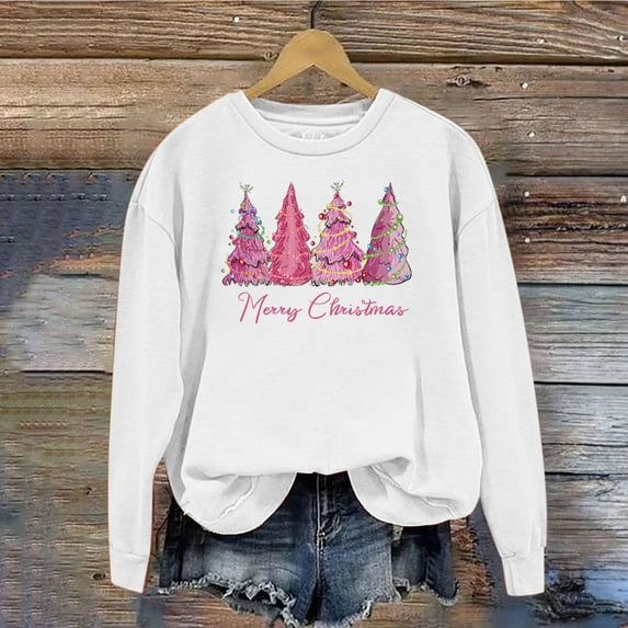 Babysbule Christmas Shirts for Women Printed Round Neck Long Sleeved Loose Fitting Sweater Clearance Tops Fashion