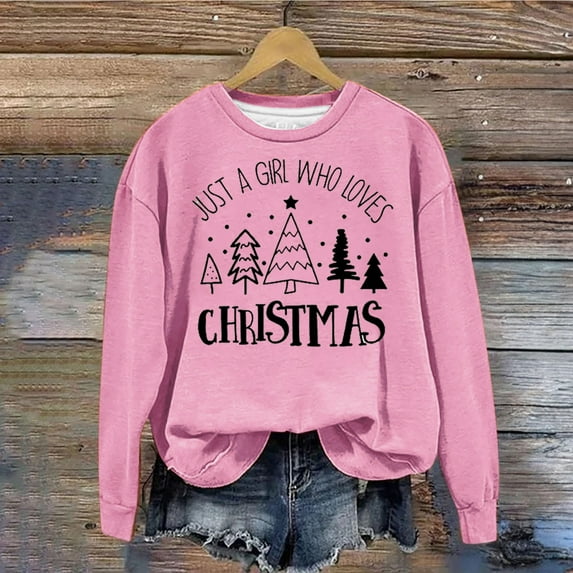 Babysbule Christmas Shirts for Women Printed Round Neck Long Sleeved Loose Fitting Sweater Tops Fashion