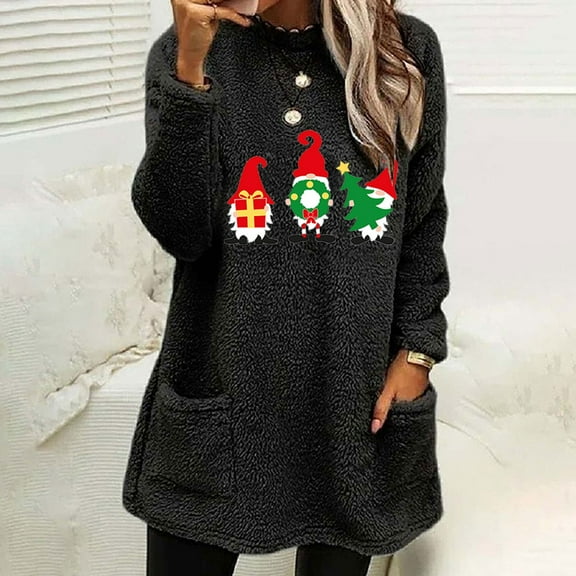 Babysbule Christmas Shirts for Women Round- Neck And Winter Loose Print Pocket Warm Long Sleeve Blouse Tops Tops Fashion