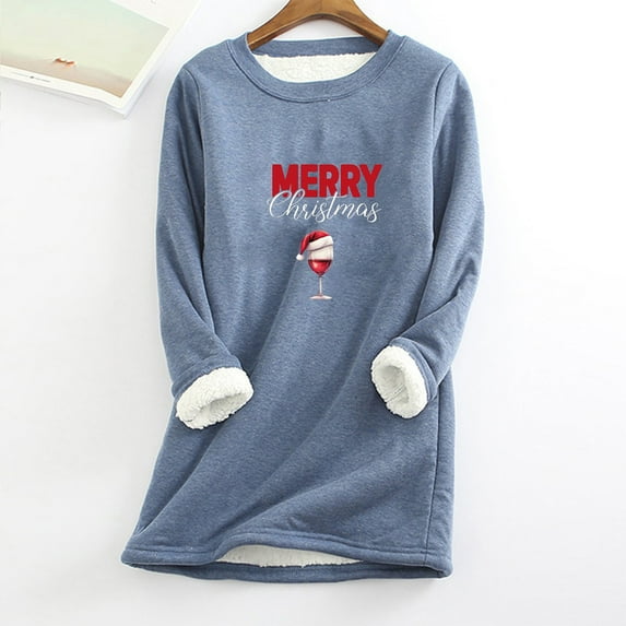 Babysbule Christmas Shirts for Women Round Neck Thickened Plush Warm Long Sleeve Tops Clearance Tops Fashion
