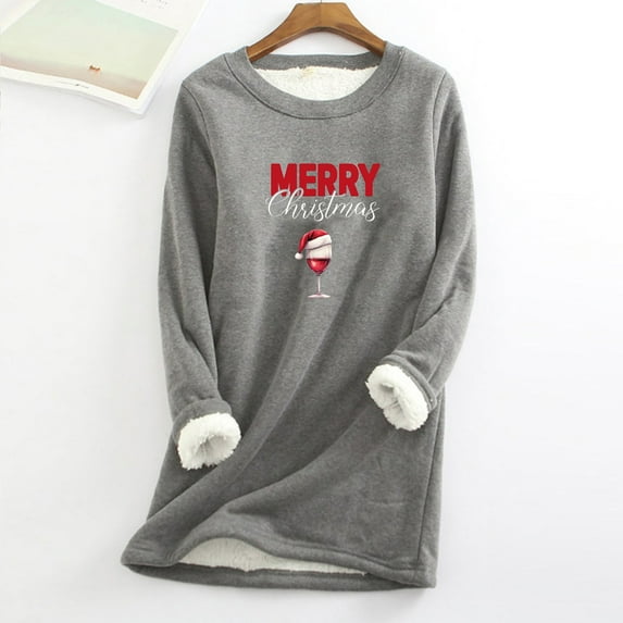 Babysbule Christmas Shirts for Women Round Neck Thickened Plush Warm Long Sleeve Tops Tops Fashion