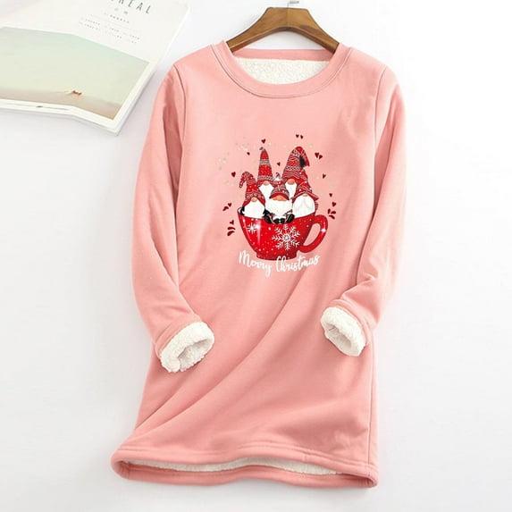 Babysbule Christmas Shirts for Women Women Thick Fleece Sweatshirt Long Sleeve Print Velvet Warm Round Neck Underwear Tops Clearance Tops Fashion