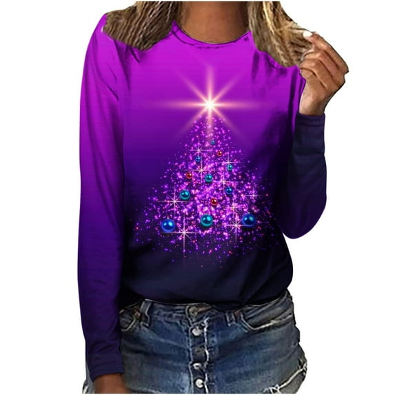Babysbule Christmas Sweatshirt for Women Fashion Women's Christmas Printed T-shirt Long Sleeves Blouse Round Neck Casual Tops Sweatshirt