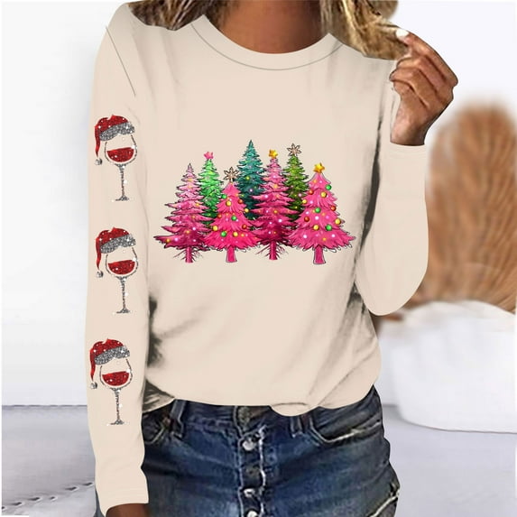 Babysbule Christmas Sweatshirt for Women Fashion Women's Christmas Printed T-shirt Long Sleeves Blouse Round Neck Casual Tops Sweatshirt