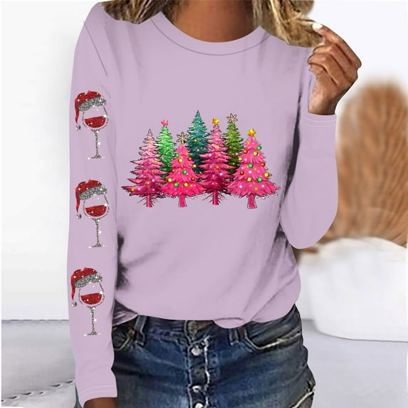 Babysbule Christmas Sweatshirt for Women Fashion Women's Christmas Printed T-shirt Long Sleeves Blouse Round Neck Casual Tops Sweatshirt