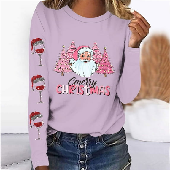 Babysbule Christmas Sweatshirt for Women Fashion Women's Christmas Printed T-shirt Long Sleeves Blouse Round Neck Casual Tops Sweatshirt