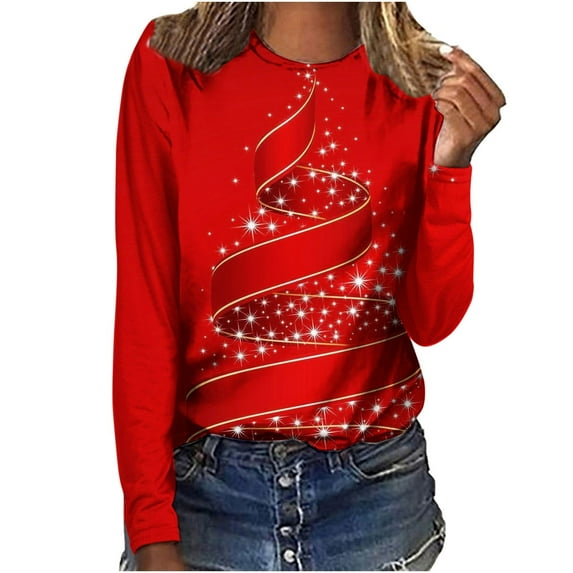 Babysbule Christmas Sweatshirt for Women Fashion Women's Christmas Printed T-shirt Long Sleeves Blouse Round Neck Casual Tops Sweatshirt