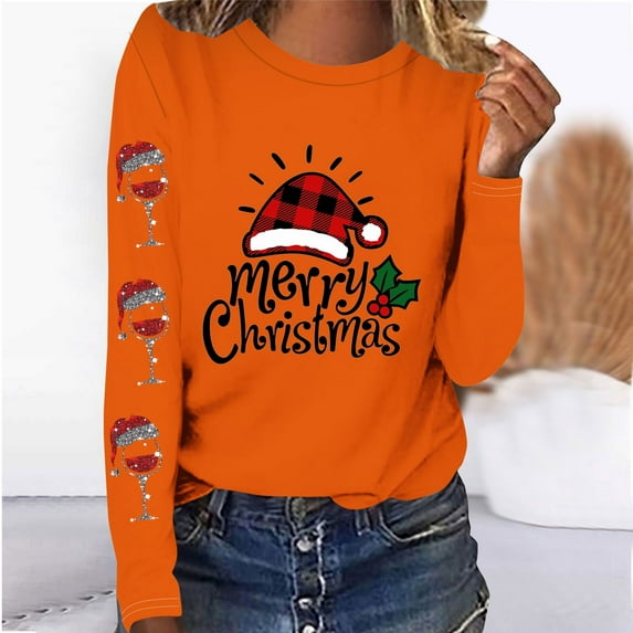 Babysbule Christmas Sweatshirt for Women Fashion Women's Christmas Printed T-shirt Long Sleeves Blouse Round Neck Casual Tops Sweatshirt